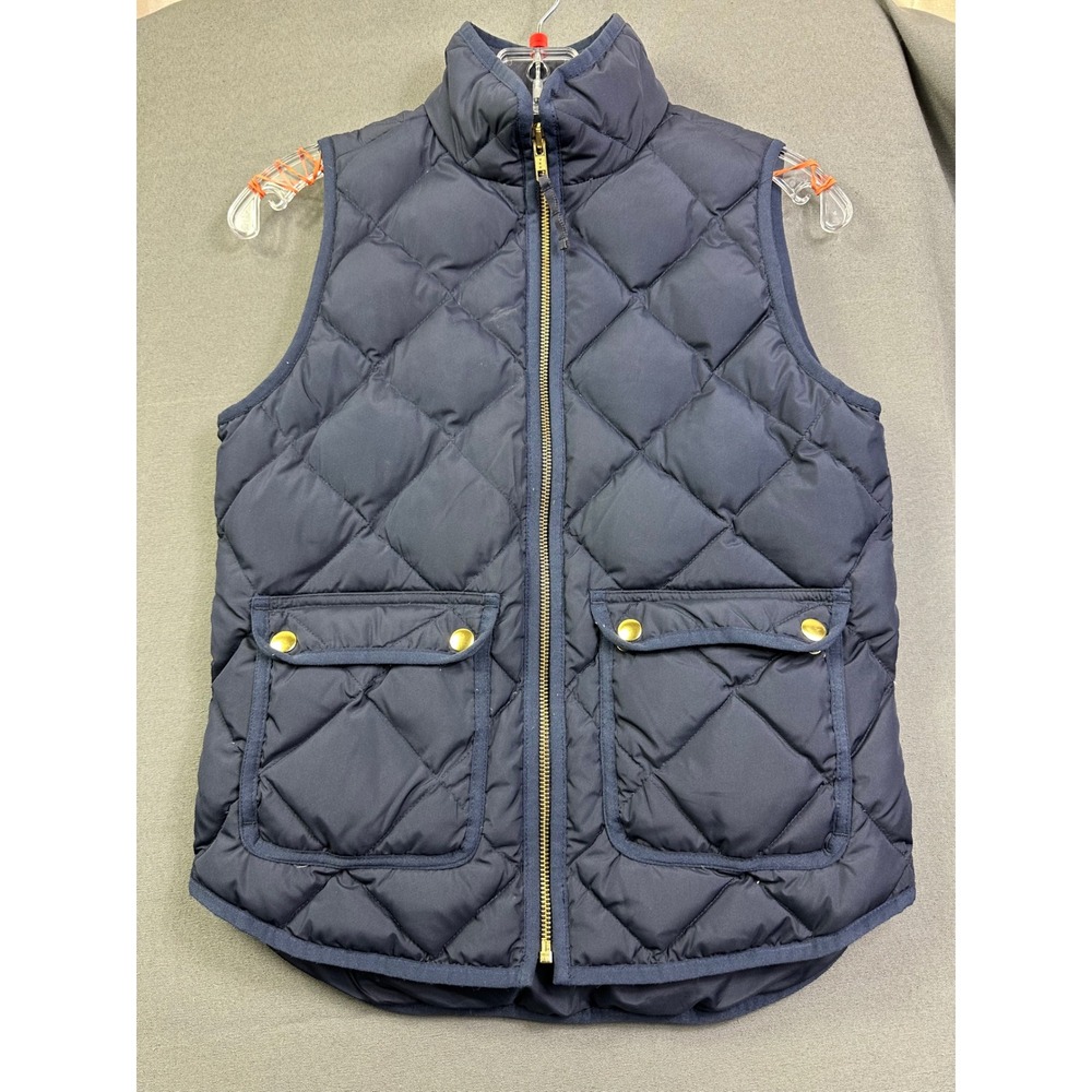 J.Crew Excursion Quilted Puffer Vest Women's Navy Blue Gold Snaps Down Fill PXS